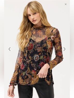 Johnny Was Francisca Mesh Blouse Lowri Print Black Gold Size Small NWT